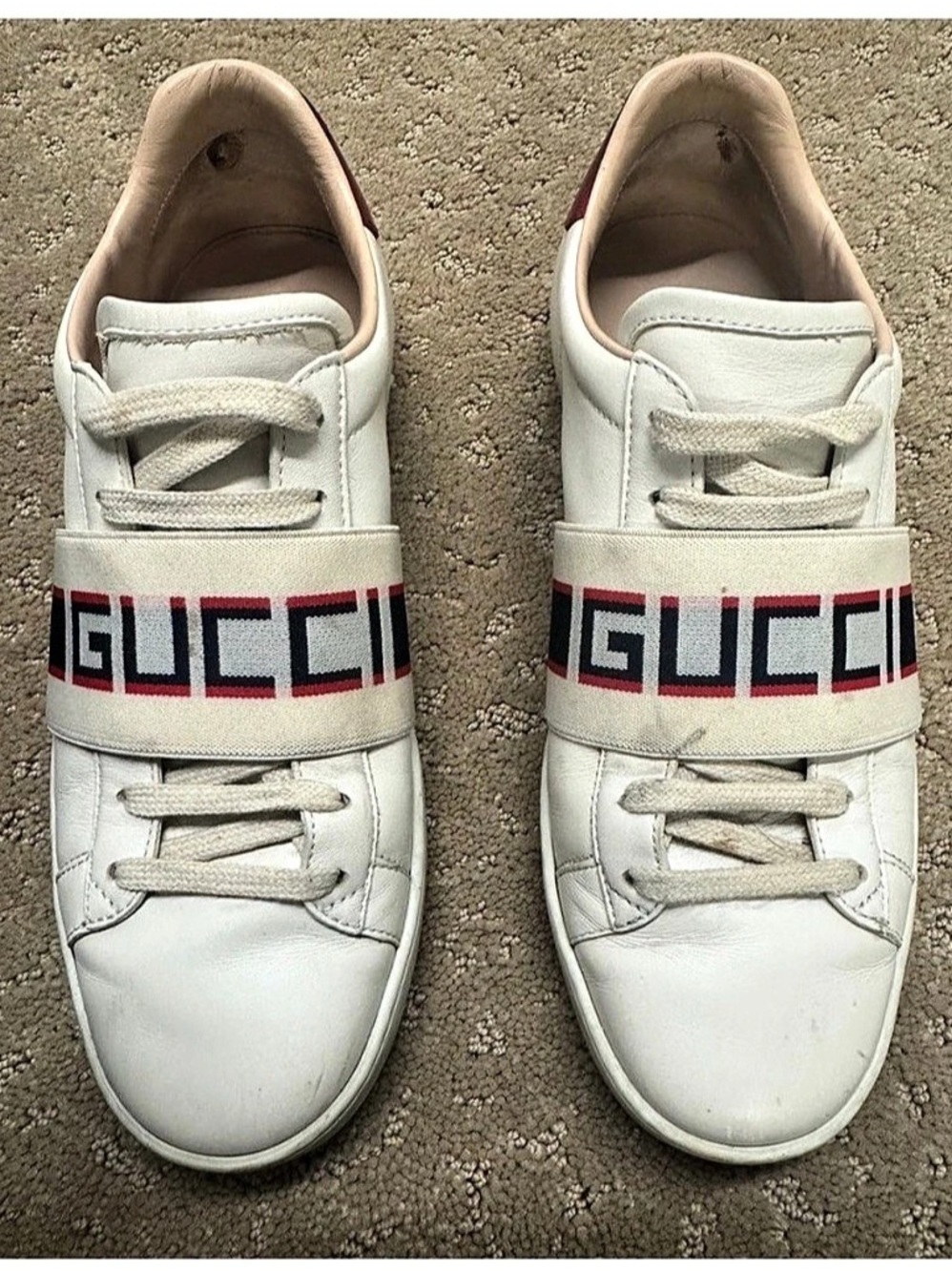 Gucci Ace Stripe Ivory Leather Logo Sneakers Size 37.5 / US 7.5